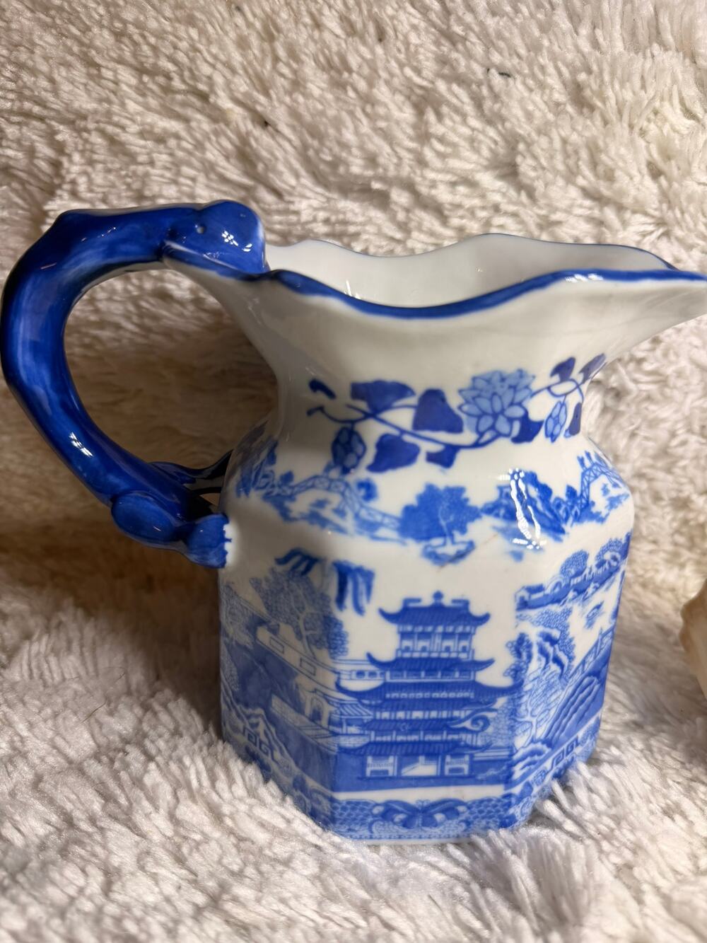 blue pitcher Willow Style Transferware Creamer Blue & White China Floral Border